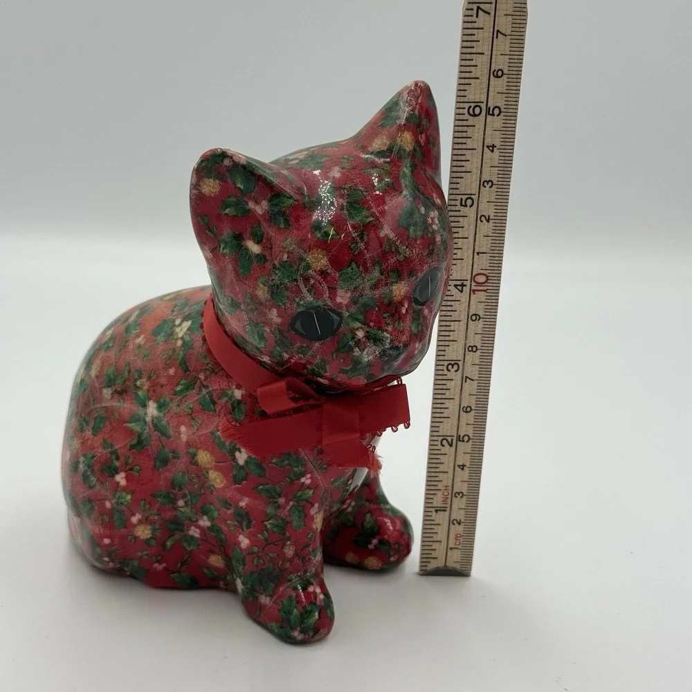 vtg floral cat figurine decoupage fabric Sitting cat statue gorgeous home decor